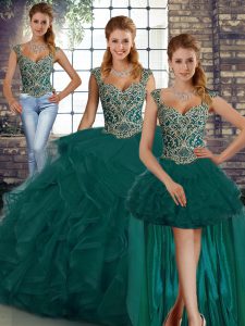 Sexy Peacock Green Lace Up Straps Beading and Ruffles Ball Gown Prom Dress Tulle Sleeveless