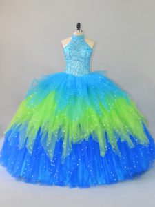 Traditional Multi-color Halter Top Lace Up Beading and Ruffles Vestidos de Quinceanera Sleeveless