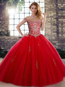 Red Off The Shoulder Lace Up Beading 15th Birthday Dress Sleeveless
