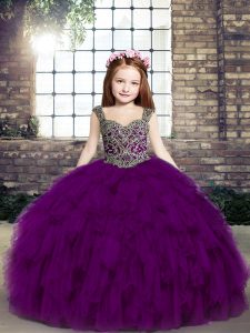 High End Purple Straps Lace Up Beading and Ruffles Custom Made Pageant Dress Sleeveless