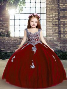 Ball Gowns Glitz Pageant Dress Red Straps Tulle Sleeveless Floor Length Lace Up