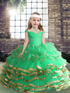 Discount Apple Green Ball Gowns Beading and Ruffles Kids Formal Wear Lace Up Tulle Sleeveless Asymmetrical