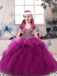 Fuchsia Ball Gowns Tulle Straps Sleeveless Beading and Ruffles Floor Length Lace Up Little Girls Pageant Gowns