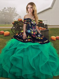Fashion Embroidery and Ruffles Sweet 16 Dress Turquoise Lace Up Sleeveless Floor Length