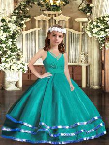 Turquoise V-neck Zipper Ruffled Layers Pageant Dress for Girls Sleeveless
