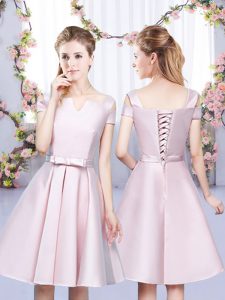 New Style Sleeveless Satin Mini Length Lace Up Court Dresses for Sweet 16 in Baby Pink with Bowknot