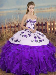White And Purple Organza Lace Up Quinceanera Gown Sleeveless Floor Length Embroidery and Ruffles and Bowknot