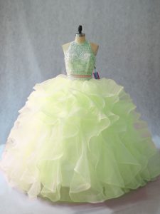 Yellow Green Ball Gowns Halter Top Sleeveless Organza Brush Train Backless Beading and Ruffles Quinceanera Dress