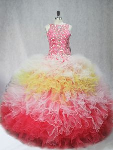 Dynamic Multi-color 15 Quinceanera Dress Sweet 16 and Quinceanera with Beading and Ruffles Scoop Sleeveless Zipper