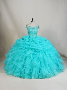 Ball Gowns 15th Birthday Dress Aqua Blue Off The Shoulder Organza Sleeveless Floor Length Lace Up