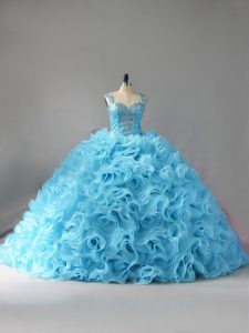 Fabric With Rolling Flowers Sleeveless Sweet 16 Quinceanera Dress Court Train and Beading and Ruffles