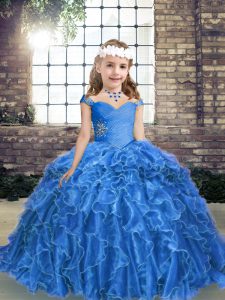 Fashion Floor Length Ball Gowns Sleeveless Blue Kids Formal Wear Lace Up