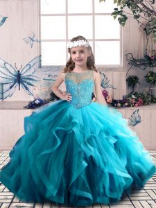Luxurious Tulle Scoop Sleeveless Lace Up Beading and Ruffles Little Girls Pageant Dress in Blue