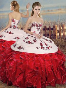 Admirable White And Red Sleeveless Floor Length Embroidery and Ruffles Lace Up Sweet 16 Quinceanera Dress