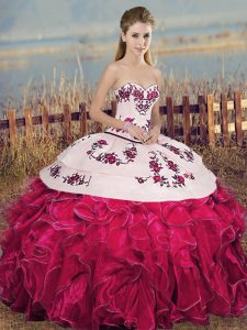 Fuchsia Sweetheart Neckline Embroidery and Ruffles and Bowknot Quinceanera Gown Sleeveless Lace Up