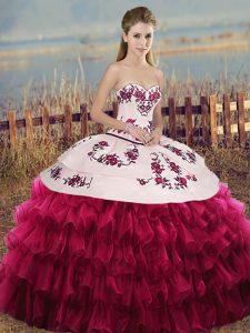 Modest White And Red Organza Lace Up Sweetheart Sleeveless Floor Length Quinceanera Gowns Embroidery and Ruffled Layers and Bowknot