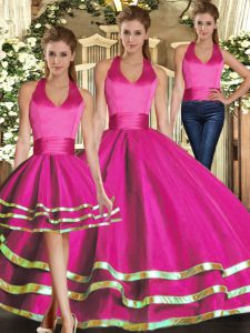 Sleeveless Tulle Floor Length Lace Up Sweet 16 Quinceanera Dress in Fuchsia with Ruffled Layers