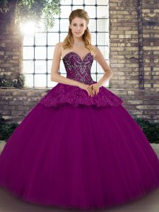 Superior Fuchsia Tulle Lace Up Sweetheart Sleeveless Floor Length Party Dress Wholesale Beading and Appliques