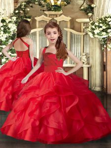 Red Tulle Lace Up Little Girl Pageant Gowns Sleeveless Floor Length Ruffles and Ruching