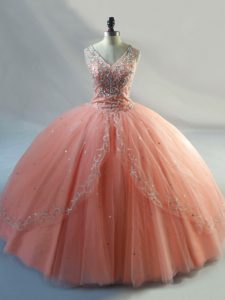 Flare Sleeveless Beading Lace Up Quince Ball Gowns