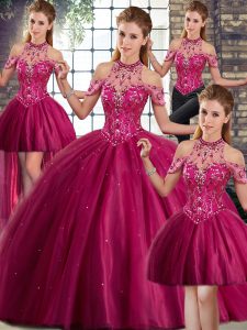 Sleeveless Tulle Brush Train Lace Up 15 Quinceanera Dress in Fuchsia with Beading