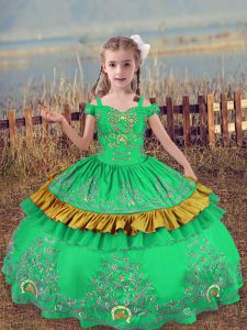 Customized Turquoise Lace Up Off The Shoulder Beading and Embroidery Pageant Gowns For Girls Satin Sleeveless