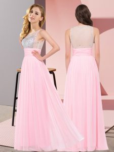 Elegant Floor Length Side Zipper Dama Dress Baby Pink for Wedding Party with Beading