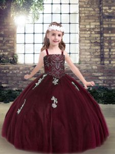 Burgundy Ball Gowns Straps Sleeveless Tulle Floor Length Lace Up Beading and Appliques Child Pageant Dress