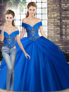 Super Royal Blue Vestidos de Quinceanera Off The Shoulder Sleeveless Brush Train Lace Up