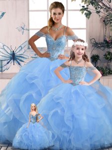 Wonderful Blue Sleeveless Tulle Lace Up Quinceanera Dress for Sweet 16 and Quinceanera