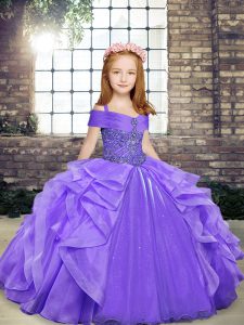 Nice Floor Length Lace Up Child Pageant Dress Lavender for Party and Wedding Party with Beading and Ruffles