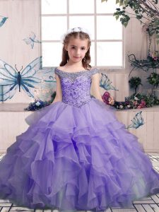 Floor Length Lavender Evening Gowns Organza Sleeveless Beading and Ruffles