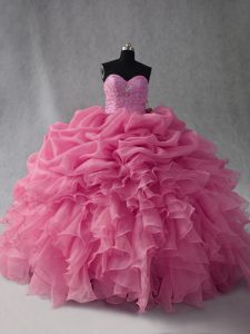 Beading and Ruffles and Pick Ups Sweet 16 Dresses Rose Pink Lace Up Sleeveless Floor Length