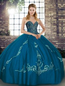 Dramatic Blue Quinceanera Gowns Military Ball and Sweet 16 and Quinceanera with Beading and Embroidery Sweetheart Sleeveless Lace Up