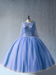 On Sale Floor Length Blue 15 Quinceanera Dress Tulle Long Sleeves Beading