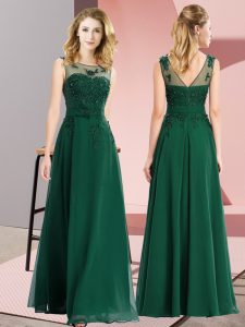 Hot Sale Sleeveless Chiffon Floor Length Zipper Quinceanera Court Dresses in Dark Green with Beading and Appliques