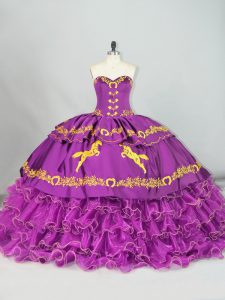 Low Price Purple Ball Gowns Sweetheart Sleeveless Satin and Organza Brush Train Lace Up Embroidery and Ruffles Quinceanera Gowns