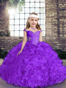 Ball Gowns Little Girls Pageant Dress Wholesale Purple Straps Fabric With Rolling Flowers Sleeveless Floor Length Lace Up