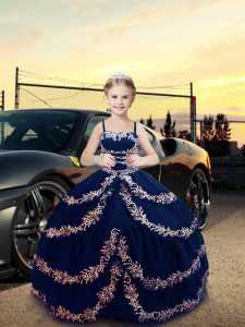Navy Blue Sleeveless Embroidery Floor Length Little Girl Pageant Dress