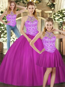 Modern Fuchsia Ball Gowns Tulle Halter Top Sleeveless Beading Floor Length Lace Up Quinceanera Dress