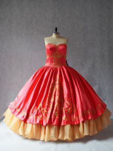 Lovely Sleeveless Satin and Organza Floor Length Lace Up Quinceanera Gown in Coral Red with Embroidery