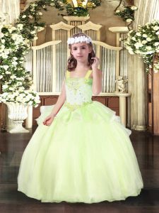 Yellow Green Lace Up Straps Beading Kids Pageant Dress Organza Sleeveless