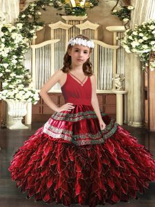 Sleeveless Floor Length Appliques and Ruffles Zipper Custom Made Pageant Dress with Red