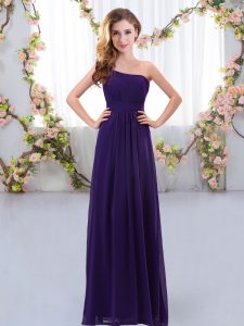 Latest Purple Chiffon Zipper One Shoulder Sleeveless Floor Length Damas Dress Ruching