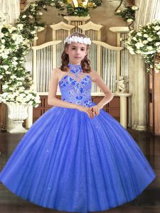 Great Blue Sleeveless Tulle Lace Up Little Girls Pageant Dress Wholesale for Party and Sweet 16 and Wedding Party