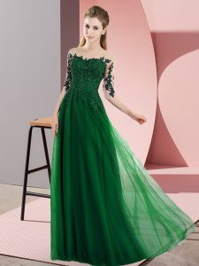 Simple Floor Length Dark Green Damas Dress Chiffon Half Sleeves Beading and Lace