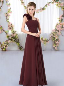 Straps Sleeveless Dama Dress for Quinceanera Floor Length Hand Made Flower Brown Chiffon