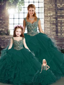 Pretty Peacock Green Lace Up Quinceanera Gown Beading and Ruffles Sleeveless Floor Length
