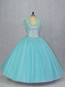 Charming Sweetheart Sleeveless Tulle Quince Ball Gowns Beading Lace Up