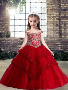 Red Ball Gowns Tulle Off The Shoulder Sleeveless Lace and Appliques Floor Length Lace Up Kids Formal Wear